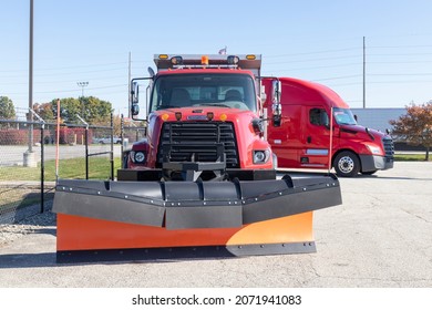 Anderson - Circa November 2021: Freightliner Vocational Severe-Duty 108SD Dump Truck And Snow Plow. Freightliner Is Owned By Daimler Trucks North America.