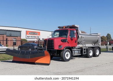 Anderson - Circa November 2021: Freightliner Vocational Severe-Duty 108SD Dump Truck And Snow Plow. Freightliner Is Owned By Daimler Trucks North America.