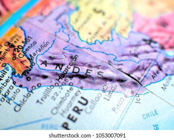 Andes Mountains Isolated Focus Macro Shot On Globe Map For Travel Blogs, Social Media, Website Banners And Backgrounds.