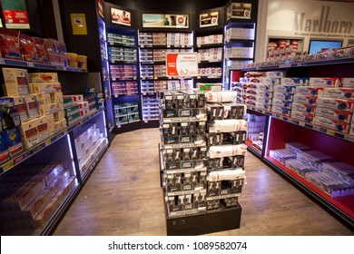 ANDORRA LA VELLA, ANDORRA. March 18, 2015: Store Of Cigarettes Inside A Shop In The City Center Of La Vella In Andorra. Display Shelves Of Different Types Of Cigarettes.