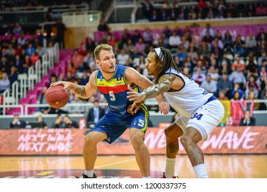 ANDORRA LA VELLA, ANDORRA - OCTOBER 10 2018: Rafa Luz De Mora Banc Andorra Attacks David Moss Defense Of The Germani Brescia Leonessa In The EURO CUP Game 