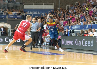 ANDORRA LA VELLA, ANDORRA - OCTOBER 13 2018: The French Base Of Mora Banc Andorra Andrew Albicy Attacks With The Ball For Mora Banc Andorra LIGA ENDESA ACB Game 