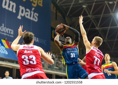 ANDORRA LA VELLA, ANDORRA - OCTOBER 13 2018: Dylan Ennis Player Of  Mora Banc Andorra Andrew Albicy Attacks With The Ball For Mora Banc Andorra LIGA ENDESA ACB Game