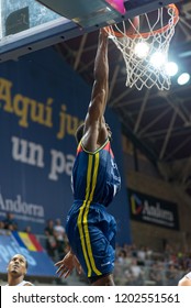 ANDORRA LA VELLA, ANDORRA - OCTOBER 13 2018: Dylan Ennis Player Of  Mora Banc Andorra Andrew Albicy Attacks With The Ball For Mora Banc Andorra LIGA ENDESA ACB Game