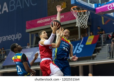 ANDORRA LA VELLA, ANDORRA - OCTOBER 13 2018: Dylan Ennis Player Of  Mora Banc Andorra Andrew Albicy Attacks With The Ball For Mora Banc Andorra LIGA ENDESA ACB Game