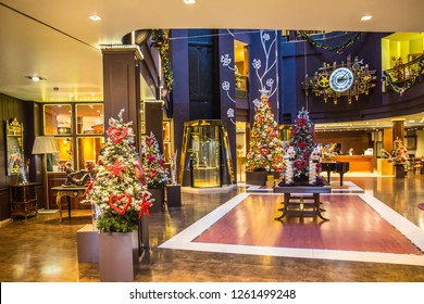 Andorra La Vieja, Andorra - Dec 10th 2017 - The Decorated Interior Of The Plaza Hotel With Christmas Lights In Andorra La Vieja In Andorra