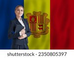 Andorran businesswoman on the flag of Andorra digital  nomad, business, startup concept
