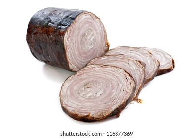 Andouille De Guemene, French Sausage In Front Of White Background