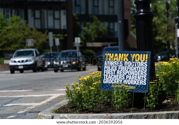 Andover, MA, US-June 2, 2020: Sign along side of\
busy street reading \