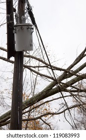 ANDOVER, NJ - OCT 30: A transformer on a pole and a tree laying across power lines over a road after Hurricane Sandy moved across the northeast in Andover, New Jersey on October 30, 2012.