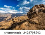 Andringitra national park, Haute Matsiatra region, Madagascar, beautiful mountain landscape with trail to Chameleon peak and massifs. Hiking in Andringitra mountains. Madagascar wilderness landscape.