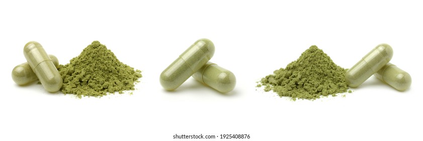 Andrographis paniculata capsule (Herbal capsules) and powder isolated on white background,Collection,Set.