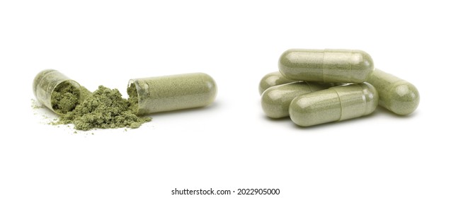 Andrographis Paniculata powder and capsules or herbal capsules isolated on white background used to treat fever, collection.