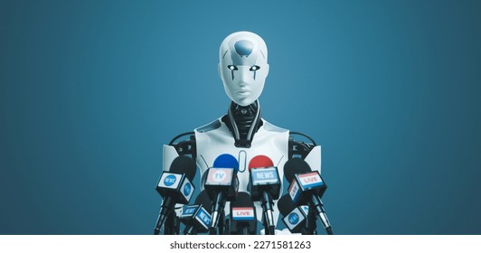 Android AI robot speaking at the press conference: artificial intelligence, robotics and politics concept - Shutterstock ID 2271581263