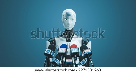 Android AI robot speaking at the press conference: artificial intelligence, robotics and politics concept