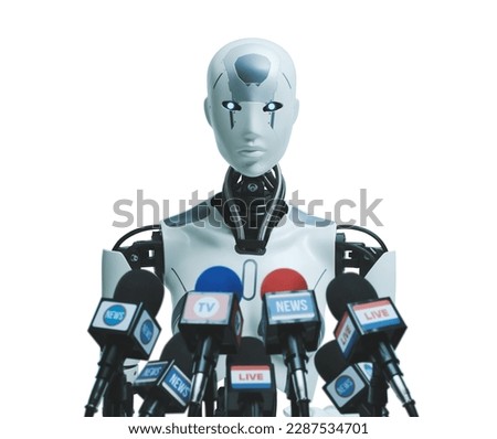 Android AI robot speaking at the press conference: artificial intelligence, robotics and politics concept
