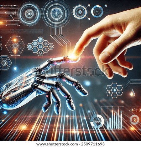 The android hand touching a human hand causing graphs and statistics to appear illustrating the interpenetration of humanity and the latest generation technology
