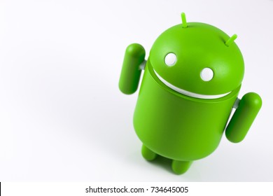 Android symbol figure on the white background. Android is the operating system for smartphones, tablet computers, e-books, game consoles, and other devices. Ekaterinburg, Russia - October 15, 2017
