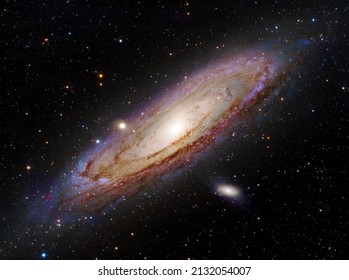 Andromeda galaxy, M31, photographed with star-tracker and telescope with long exposure.