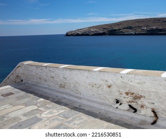 Andros Island, Chora Town, Cyclades Destination Greece. View Of Vast Aegean Sea Blue Sky Sunny Day. Tired Stray Cats Get Rest In Wall Shadow.