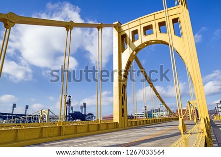 Andy Warhol Bridge, also known as the Seventh Street Bridge, spans the Allegheny River in Downtown Pittsburgh, Pennsylvania, USA