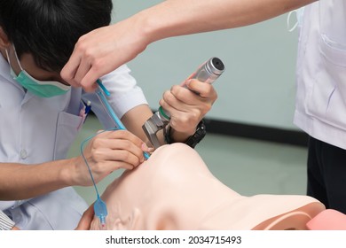 Anesthesiologist performing an orotracheal intubation on a simulation, Medical manipulation. mannequin dummy during medical training to control of the airway.
