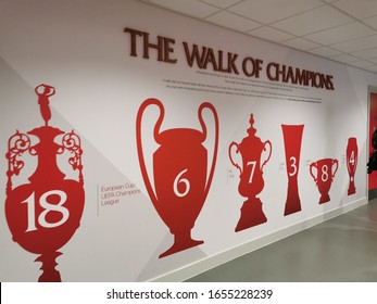 Anfield , Liverpool, England-September24,​ 2019 ​: Anfield stadium, the home ground of Liverpool Football Club. Picture of Trophies on the wall at the walkway of the Anfield stadium. 
