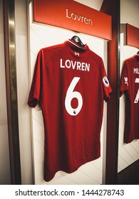 Anfield, Liverpool / England - July 7th 2018: Dejan Lovren Liverpool Football Kit In Dressing Room 6K Image