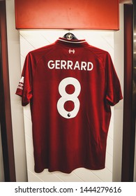 Anfield, Liverpool / England - July 7th 2018: Steven Gerrard Liverpool Football Kit In Dressing Room 6K Image