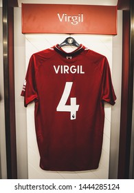 Anfield, Liverpool / England - July 7th 2018: Virgil Van Dijk Liverpool Football Kit In Dressing Room - 6K Image