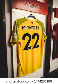 Anfield, Liverpool / England - July 7th 2018: Simon Mignolet Liverpool Football Kit In Dressing Room - 6K Image