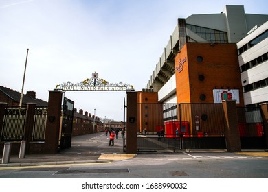 Anfield, Liverpool, England, UK - March 23, 2019 - The Shankly Gates of Anfield, the home football stadium of Liverpool FC in Premier League