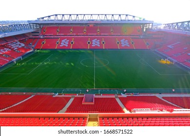 Anfield, Liverpool, UNITED KINGDOM - DEC. 11, 2017 : Kenny Dalglish Stand with morning sunlight at Anfield Stadium, Liverpool football club.