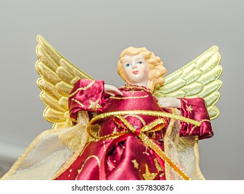 Angel Christmas Tree Ornament, Topper, Close Up. Dressed Angel With Wings.