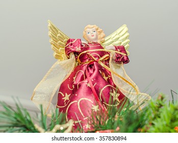 Angel Christmas Tree Ornament, Topper, Close Up. Dressed Angel With Wings.