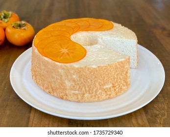 Angel Food Cake Topped With Persimmon Slices 