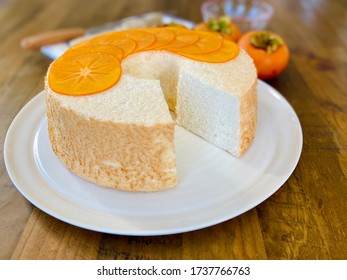 Angel Food Cake Topped With Persimmon Slices 