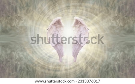 Angel Healing spiritual spiral template background - a pair of angelic wings with a burst of white light and a spinning vortex behind on a wispy yellow grey  ethereal background with copy space
      