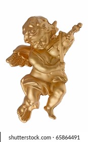 Angel Plastic Statue Of An Gold Angel Playing Violin Isolated On White Background.