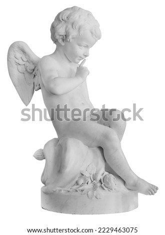 Angel statue isolated on white background. White stone sculpture of praying cherub isolated photo with clipping path
