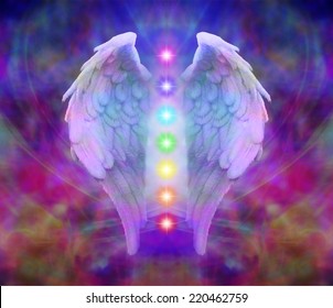 Angel Wings And Seven Chakras On Colorful Background