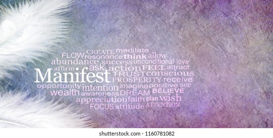 Angelic Manifest Abundance Word Cloud - two white feathers and a MANIFEST word cloud against a rustic purple subtle colored stone effect  background with copy space
 - Shutterstock ID 1160781082