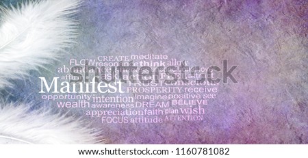 Angelic Manifest Abundance Word Cloud - two white feathers and a MANIFEST word cloud against a rustic purple subtle colored stone effect  background with copy space
