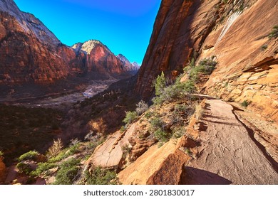 Angels Landing Switchback Trail with Dramatic Red Rock Cliffs in Zion National Park