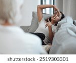 Anger, depression or mental health with psychologist and patient in office for communication or stress management. Anxiety, consulting and psychology with healthcare professional talking to woman