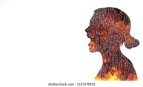 Anger expression. Rage frustration. Conflict quarrel. Double exposure silhouette of annoyed mad woman yelling bursting into fire flames glitch noise isolated on white copy space.