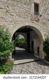Angera, Italy - June 4, 2022: Main entrance of the Borromeo Castle.