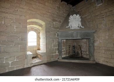 Angera, Italy - June 4, 2022: Fireplace in the Borromeo Castle (Rocca di Angera).