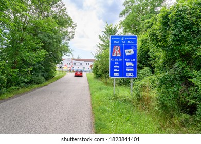 ANGERN AN DER MARCH, AUSTRIA – JULY 21 2020: Big Blue Board With Information About Toll Sticker And Digital Vignette Device On Entrance  To Town Angern An Der March After Border Crossing From Slovakia