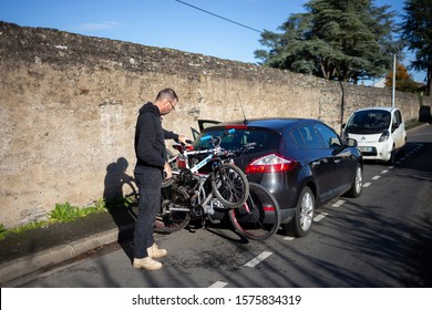 Angers, Maine Et Loire / France - November 29 2019: Bike Transportation By Car, Mount For Two Bicycles